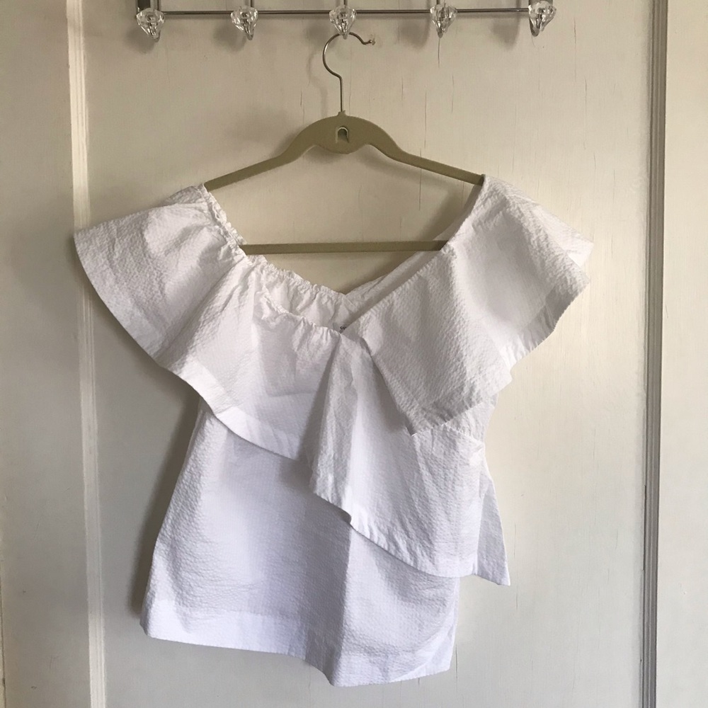 Cuyana Seersucker Flounce Top White S